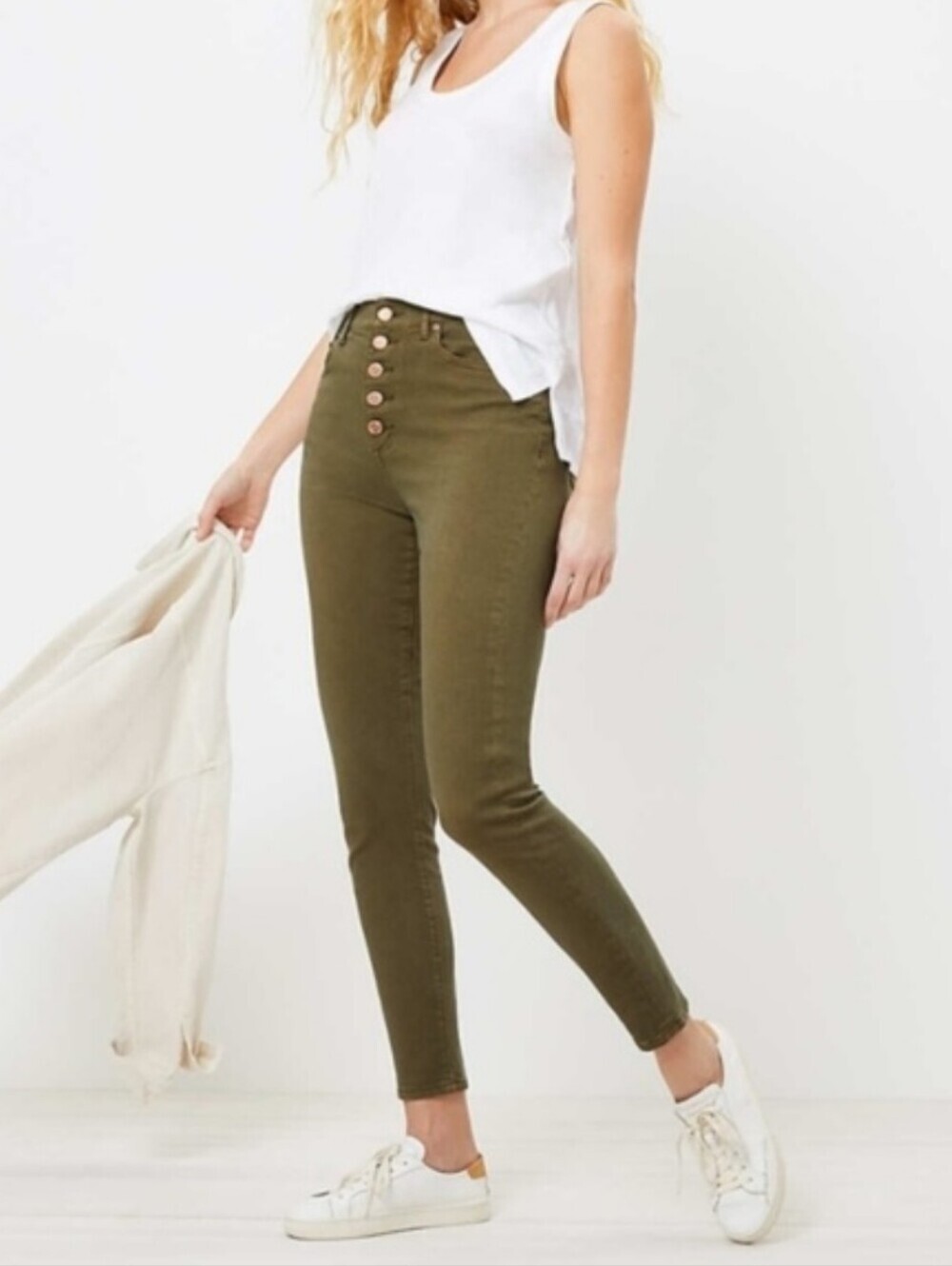 LOFT High-Rise Skinny Button Fly Green Denim Jeans Size 24 Cotton Stretch